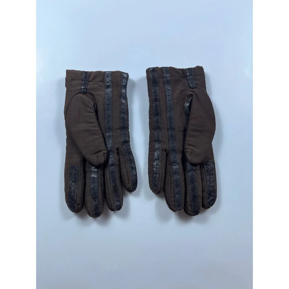 Vintage Isotoner Brown Mixed Media Chevron Stripe Leather Trim Gloves Women OS - Picture 2 of 3